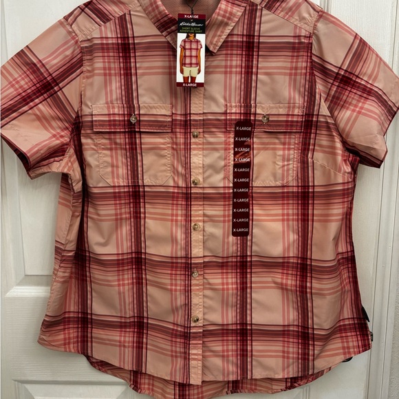Eddie Bauer Ladies Short Sleeve Adventure Top XL Peach Starling Plaid - Picture 5 of 13
